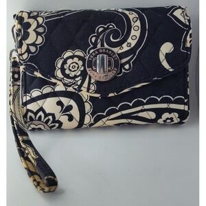 Vera Bradley Wallet Midnight Paisley Turnlock Black White Quilted Cotton Canvas